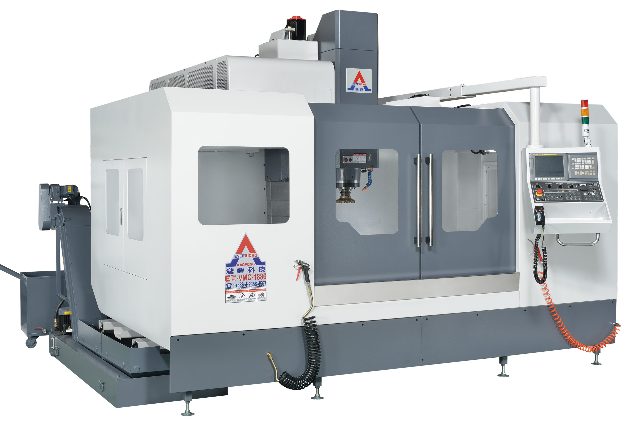 CNC frezarka pionowa w białej i szarej obudowie z panelem sterowania po prawej stronie