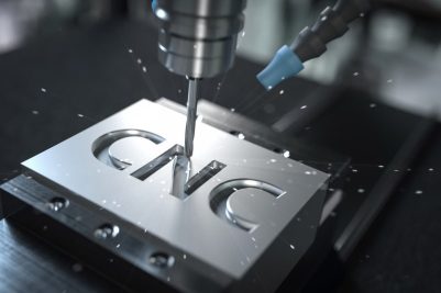 Frezarka CNC obrabiająca metalową płytkę z wyciętym napisem "CNC", chłodzenie cieczą.