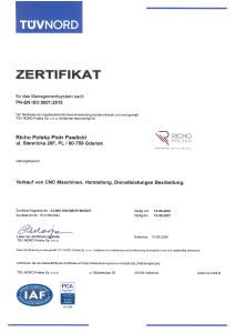 ISO 9001:2015 certificate RICHO Polska