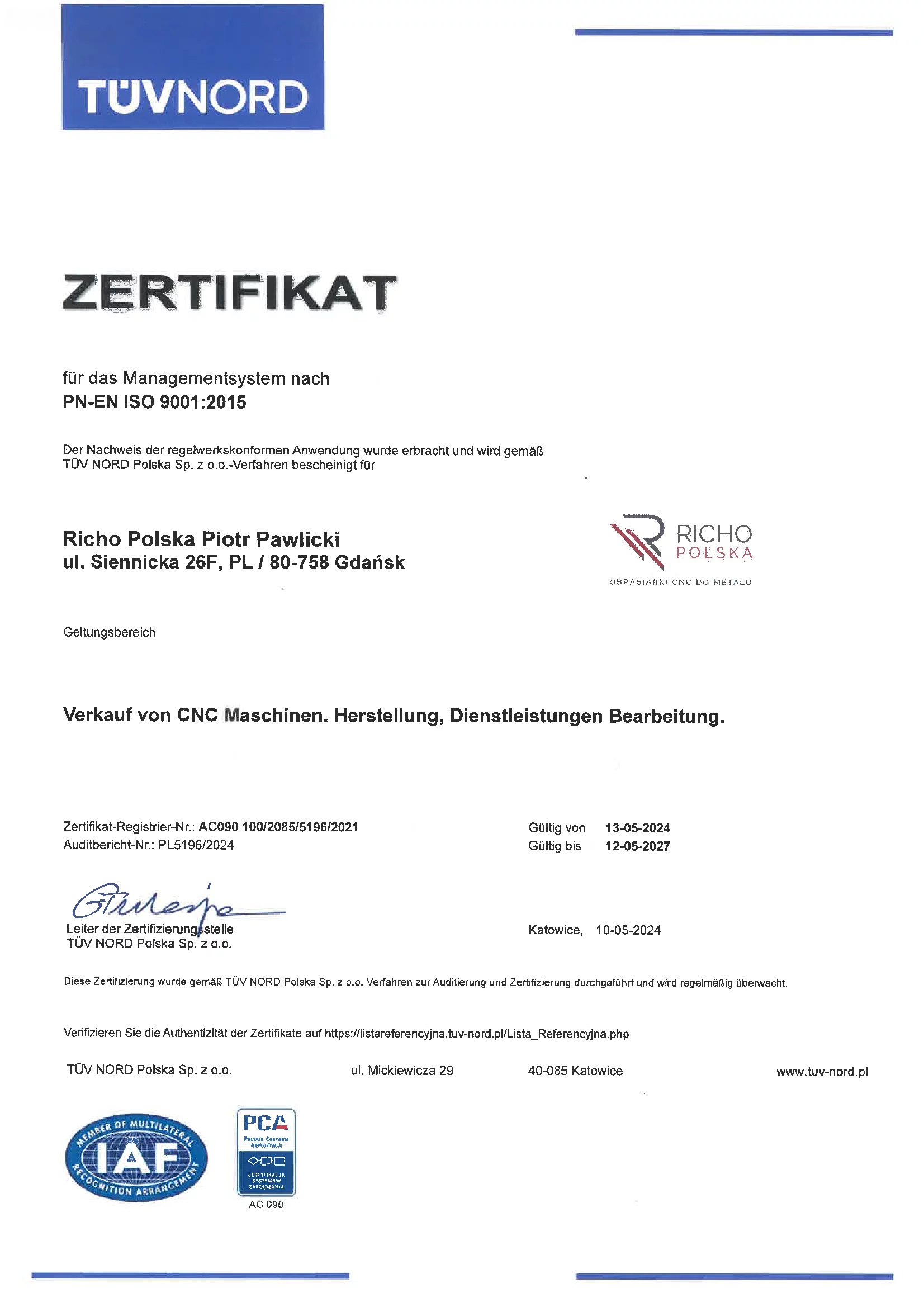 ISO Zertifikat RICHO Polska ISO Zertifikat RICHO Polska