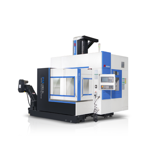 Centrum obróbcze CNC w biało-niebieskiej obudowie z panelem sterowania i podajnikiem wiórów