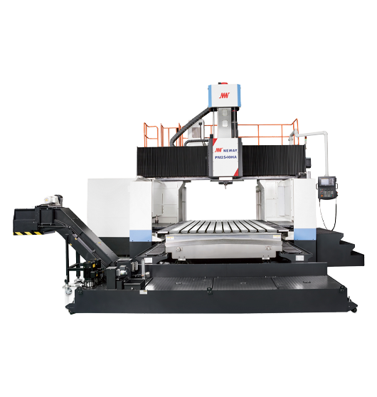 Maszyna frezarska bramowa z dużym stołem roboczym i panelem sterowania po prawej.