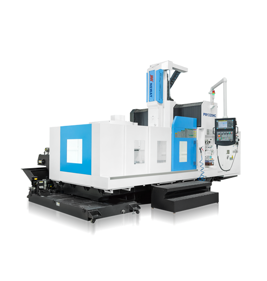 CNC frezarka pionowa w biało-niebieskiej obudowie z panelem sterowania po prawej stronie