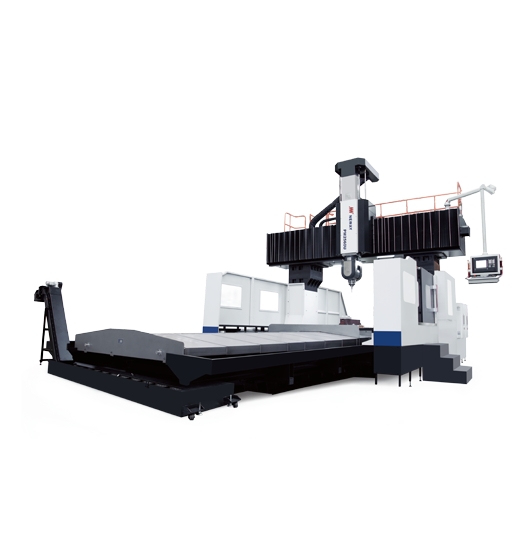 Duża frezarka bramowa CNC z poziomym stołem roboczym i panelem sterowania.