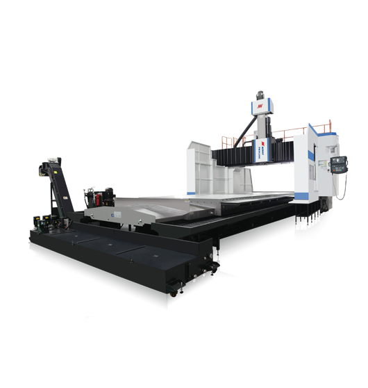 Duża frezarka numeryczna CNC z rozszerzonym stołem roboczym i panelem sterującym.