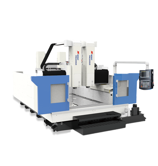 Duża frezarka CNC z dwiema głowicami i panelem sterowania, biało-niebieska na stole roboczym
