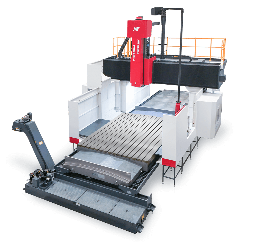 Duża frezarka CNC z poziomym stołem i czerwoną kolumną roboczą.