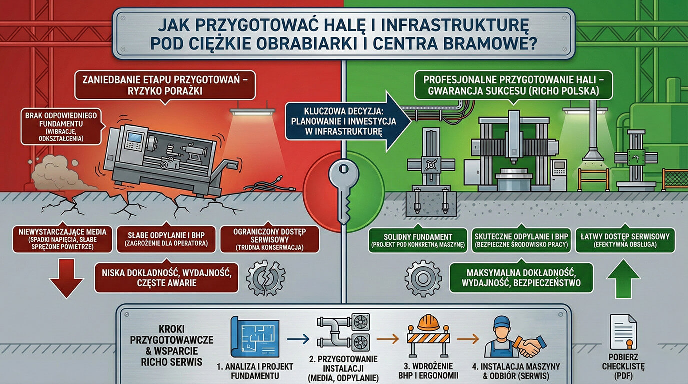 Jak przygotować halę i infrastrukturę pod ciężkie obrabiarki i centra bramowe Ilustracja porównująca zaniedbaną halę (uszkodzone podłoże, zepsute maszyny) z profesjonalnie przygotowaną halą przemysłową.